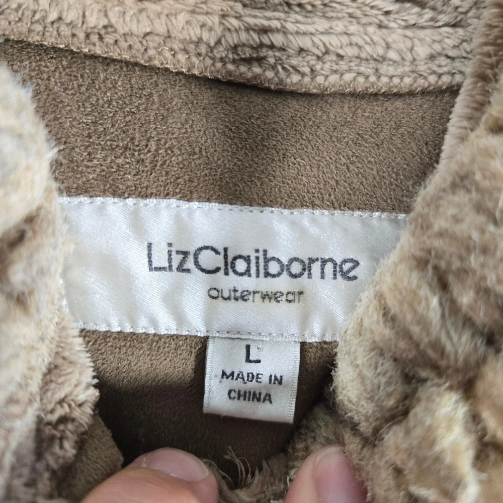 Liz Claiborne Brown Faux Suede Hooded Jacket Faux Fur Trim Coat Womens Large